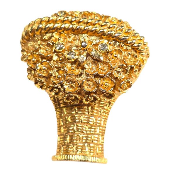 Avon Flower Basket Brooch Solid Perfume Locket Pin Signed Gold Toned Vintage 70s - Picture 1 of 10